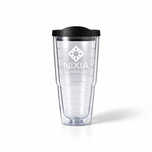 Clear double wall tumbler with black lid, custom white NIXIA TECHNOLOGY logo