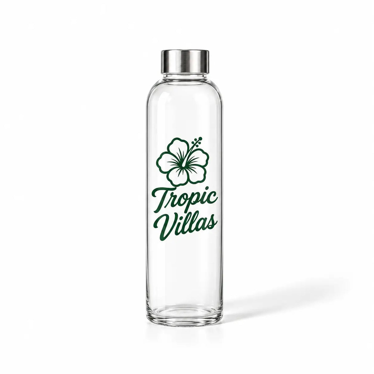 Clear glass water bottle with stainless steel lid, screen printed hibiscus Tropic Villas logo
