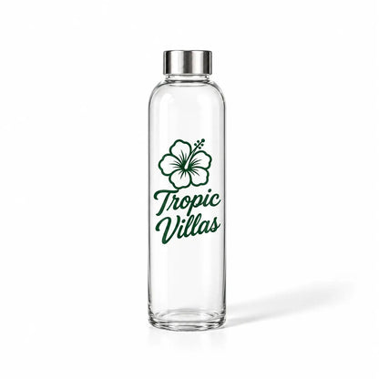 Clear glass water bottle with stainless steel lid, screen printed hibiscus Tropic Villas logo