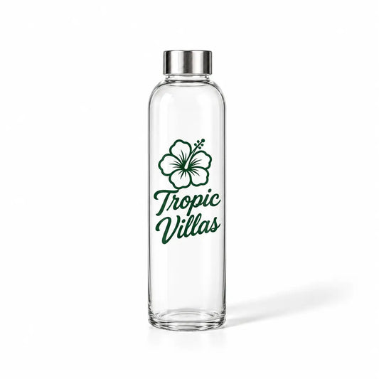 Clear glass water bottle with stainless steel lid, screen printed hibiscus Tropic Villas logo