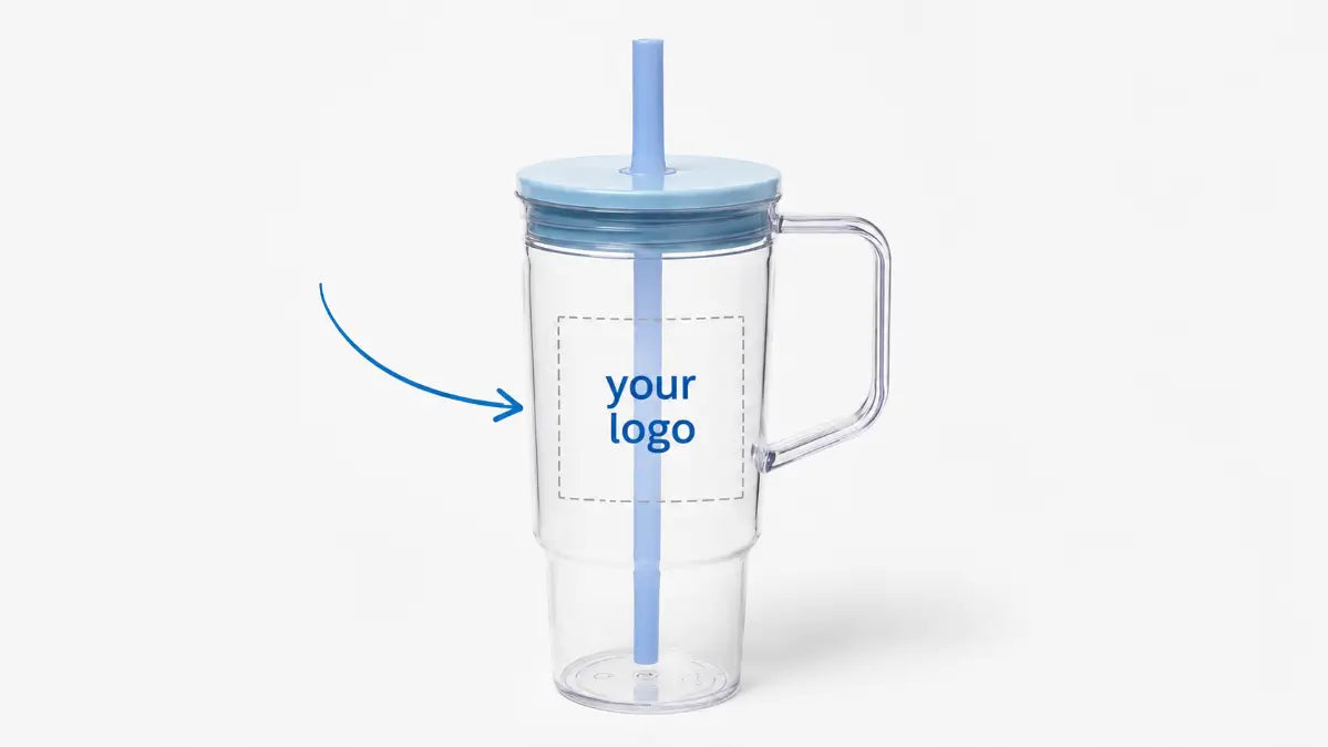 Clear plastic tumbler with handle and straw custom logo placement