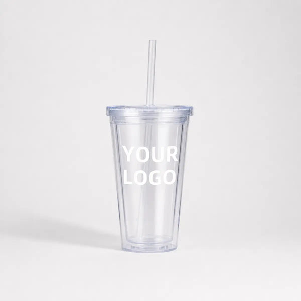Clear plastic tumbler with straw custom logo