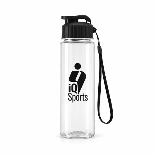 Clear plastic water bottle with flip cap, lanyard and custom logo