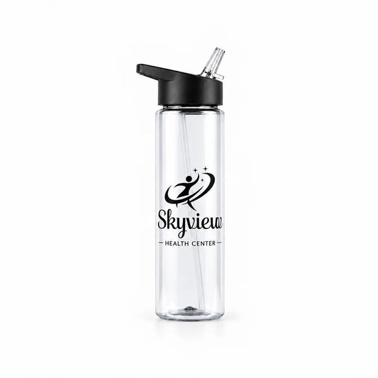 Clear plastic water bottle with straw lid and Skyview logo