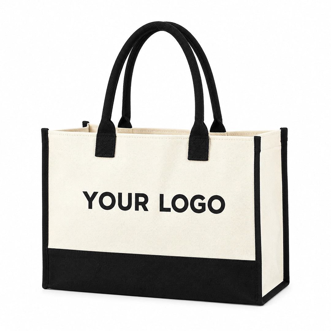 Color-block flat bottom canvas tote bag side view