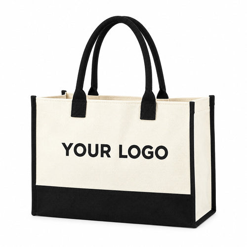Color-block flat bottom canvas tote bag side view