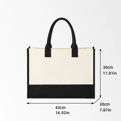 Color-block flat bottom canvas tote bag size view