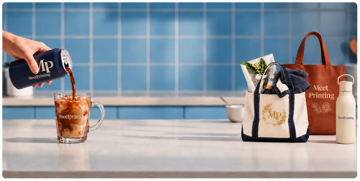 Custom branded corporate gift set with logo printed tote bags, water bottle and coffee mug