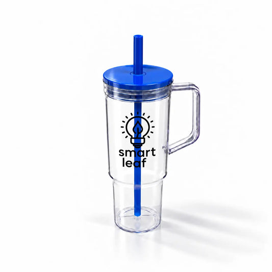 Custom clear plastic tumbler with handle, blue lid and straw, screen printed Smart Leaf logo