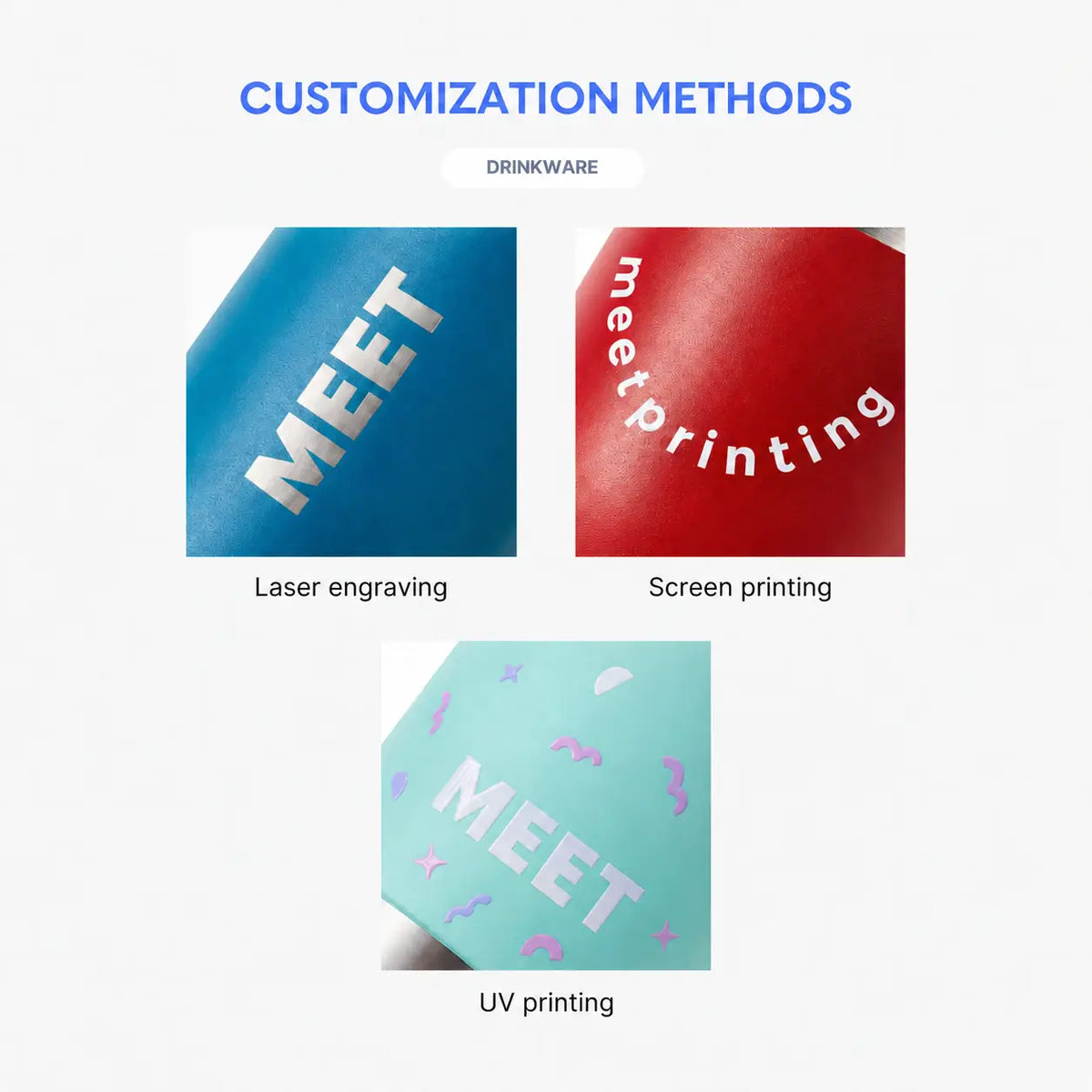 Custom logo imprint options； screen printing, UV printing, laser engraving on water bottles