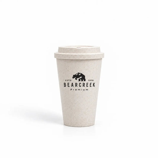 Custom speckled wheat straw coffee cup with screen printed Bearcreek logo