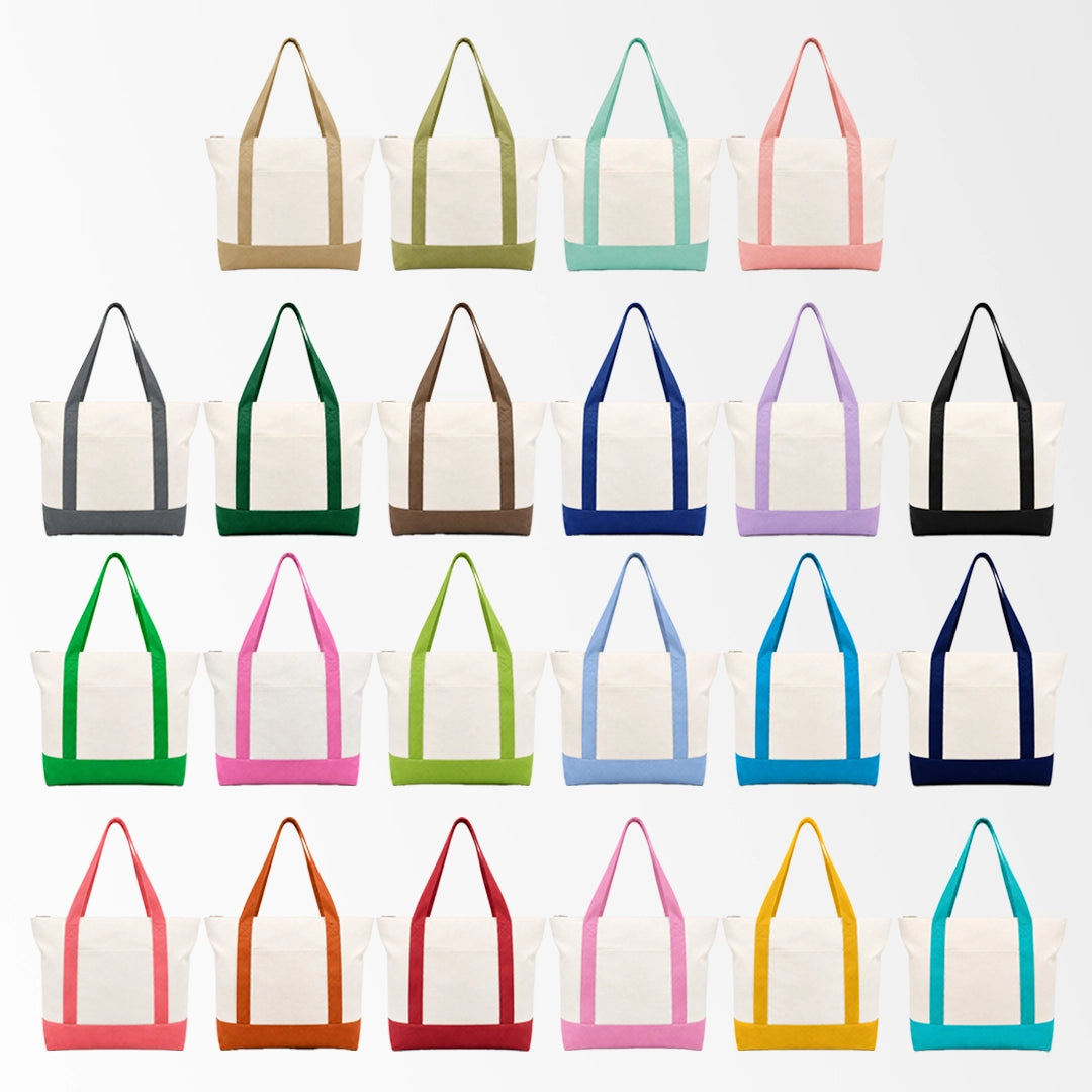 Custom two tone canvas tote bags in multiple colors
