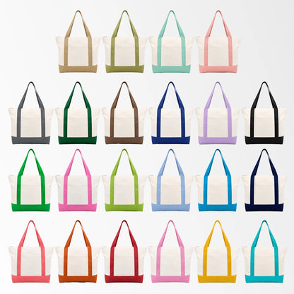 Custom two tone canvas tote bags in multiple colors