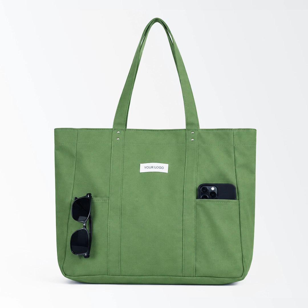 Custom canvas tote bag with front pockets and logo printing