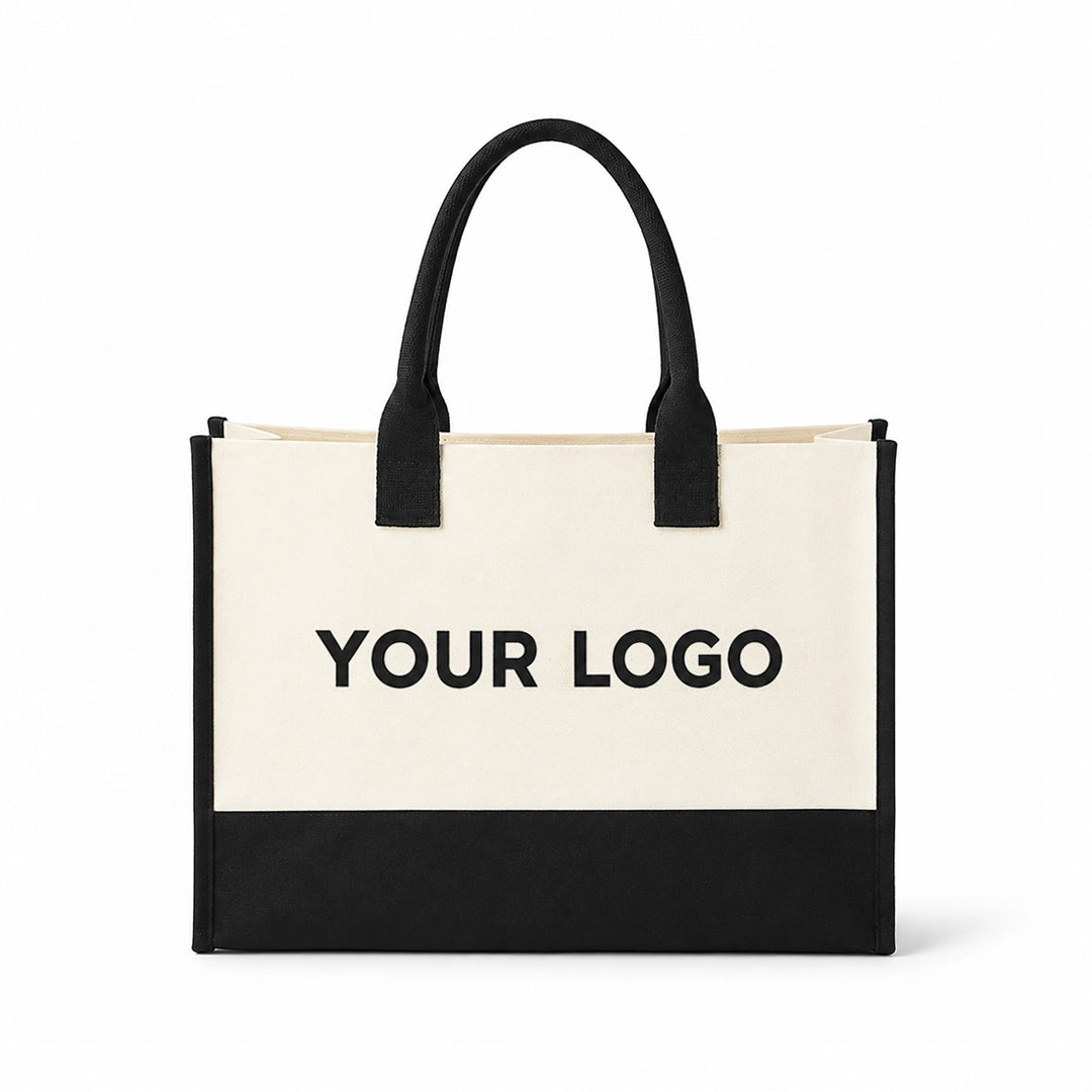 Custom color-block flat bottom canvas tote bag with logo