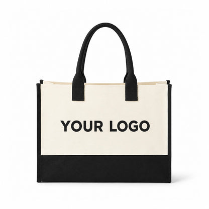 Custom color-block flat bottom canvas tote bag with logo
