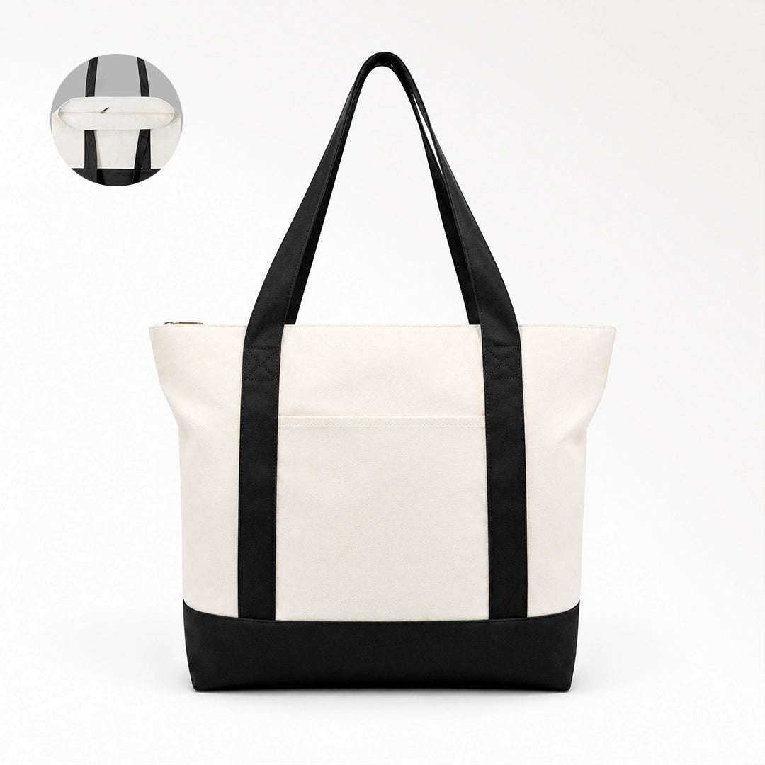 Custom two‑tone black and white canvas tote bag with zipper
