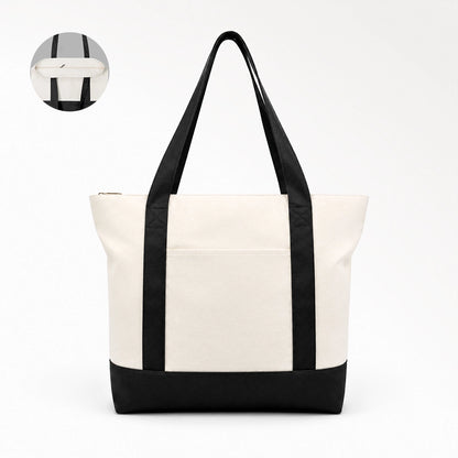 Custom two‑tone black and white canvas tote bag with zipper