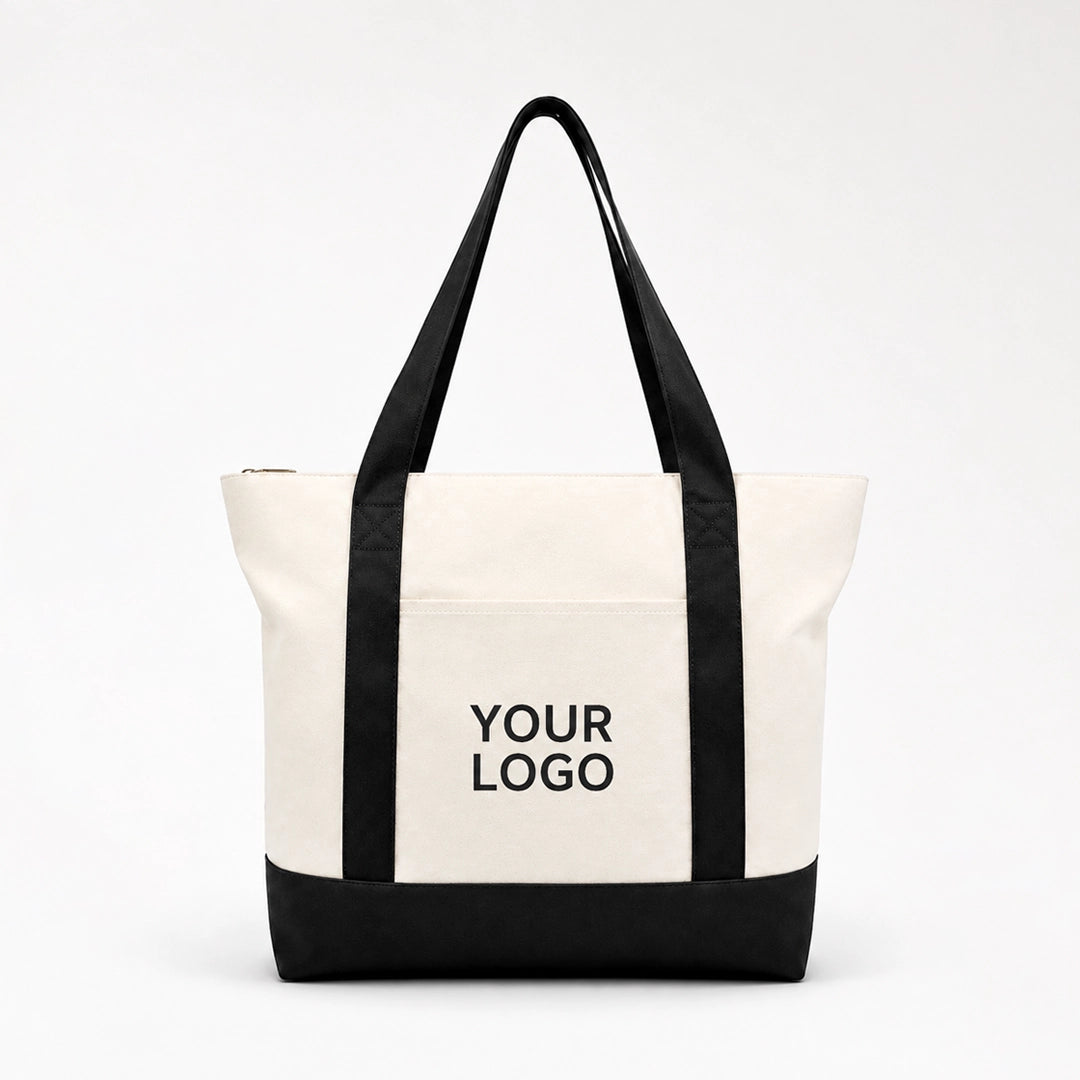 Custom two tone canvas tote bag in black and white