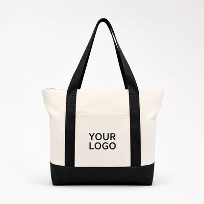 Custom two tone canvas tote bag in black and white