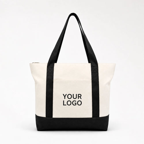 Custom two tone canvas tote bag in black and white