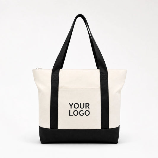 Custom two tone canvas tote bag in black and white