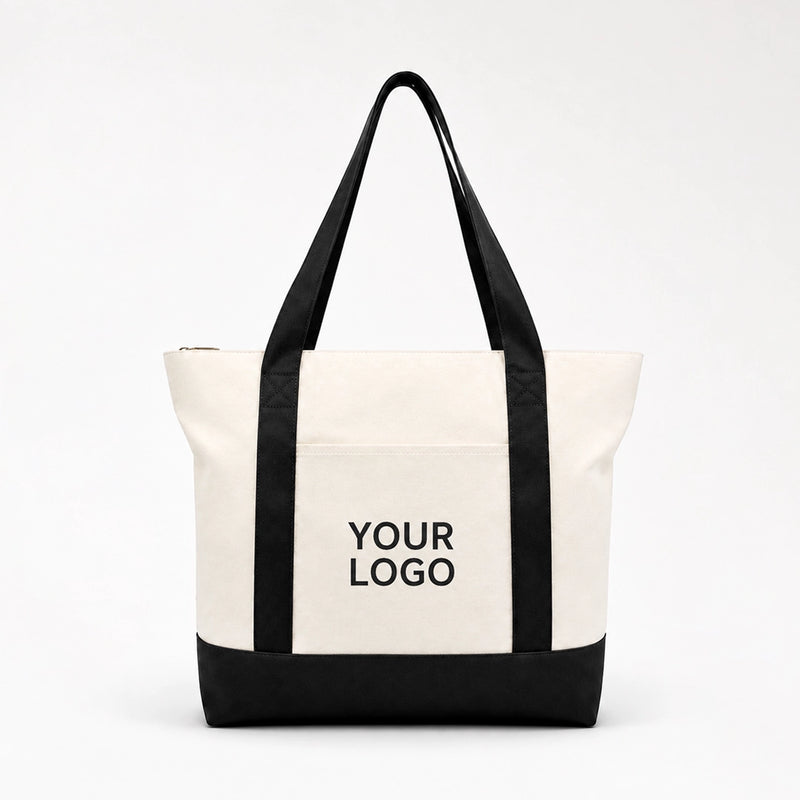 Custom two tone canvas tote bag in black and white
