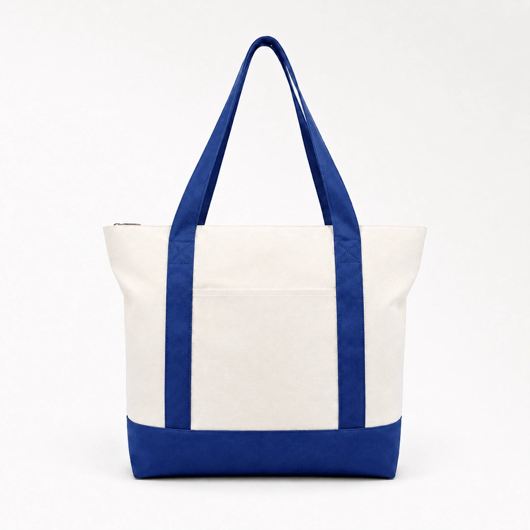 Custom two tone canvas tote bag in blue and white