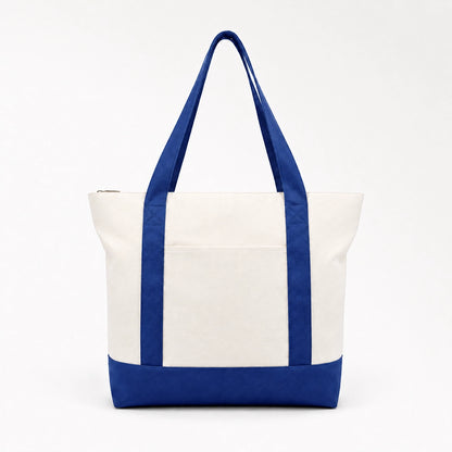 Custom two tone canvas tote bag in blue and white
