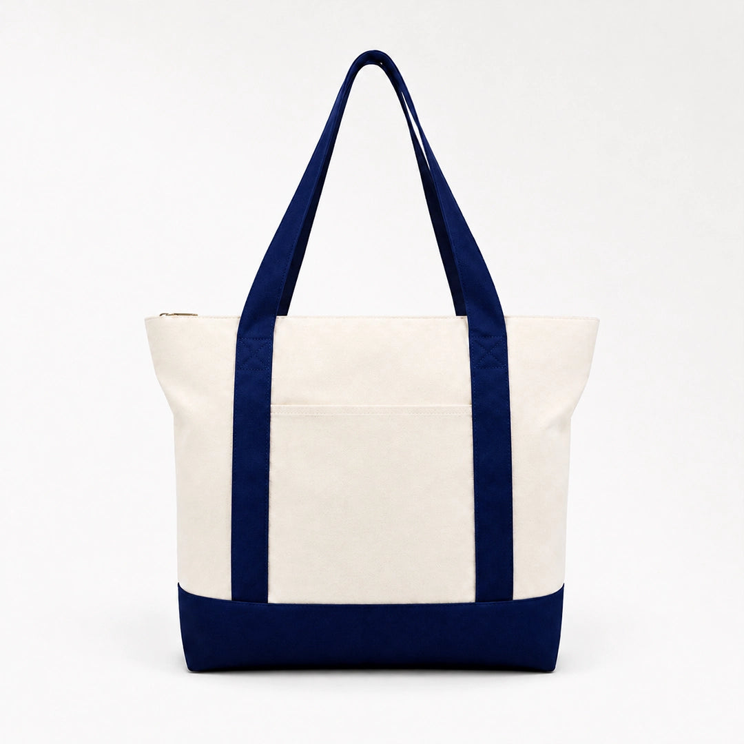 Custom two tone canvas tote bag in navy blue and white