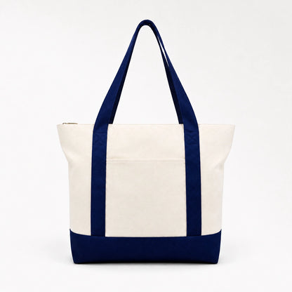 Custom two tone canvas tote bag in navy blue and white