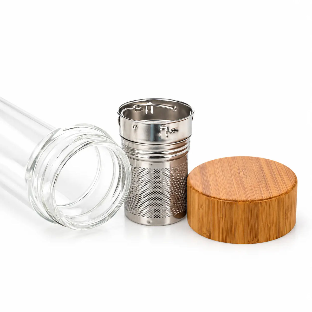 Exploded view of glass tea infuser bottle with bamboo cap and metal strainer