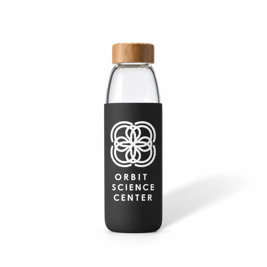 Glass water bottle with bamboo lid and black silicone sleeve, custom logo