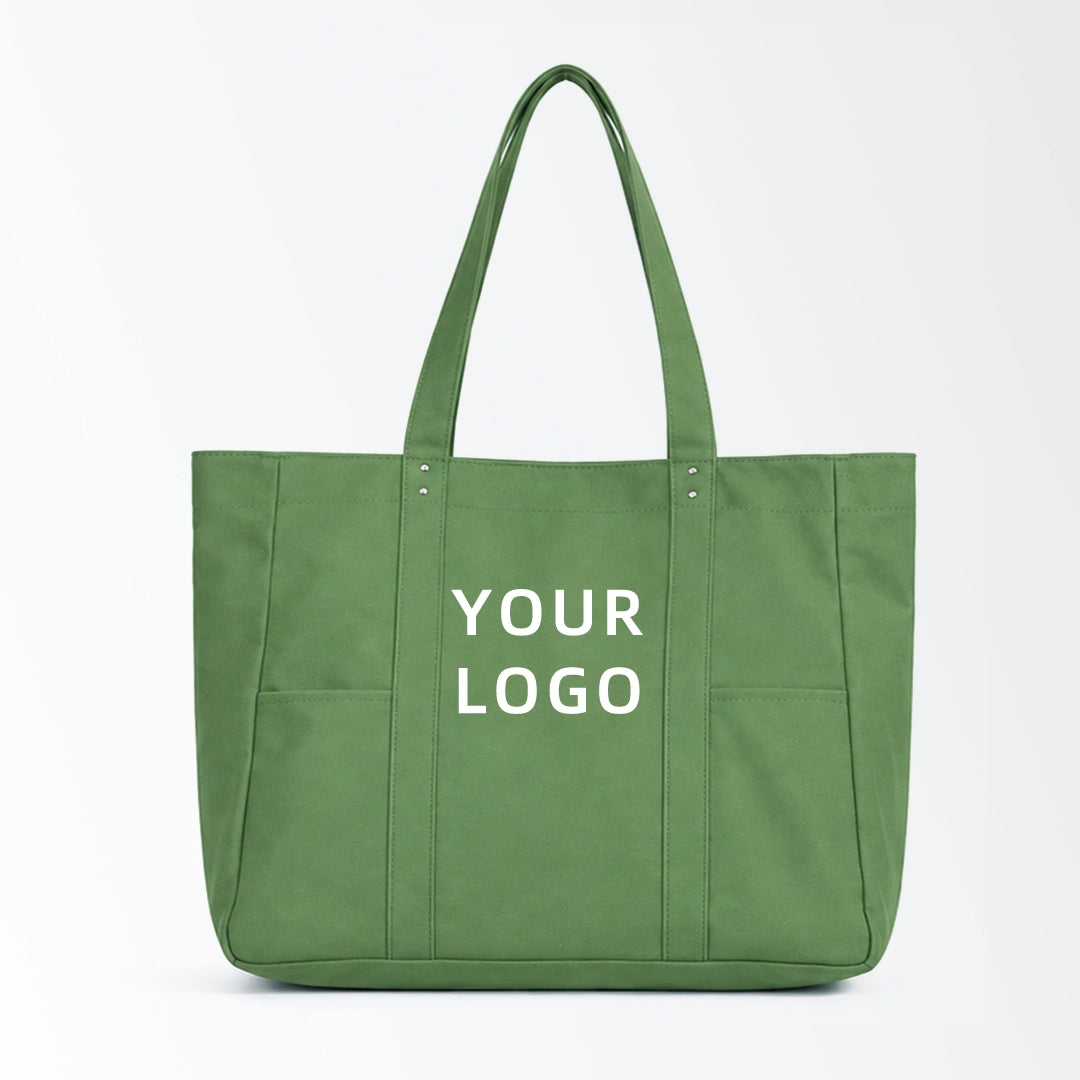 Green canvas tote bag with custom logo