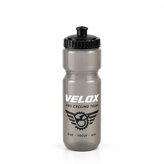 Grey translucent cycling water bottle with push pull lid and Velox logo