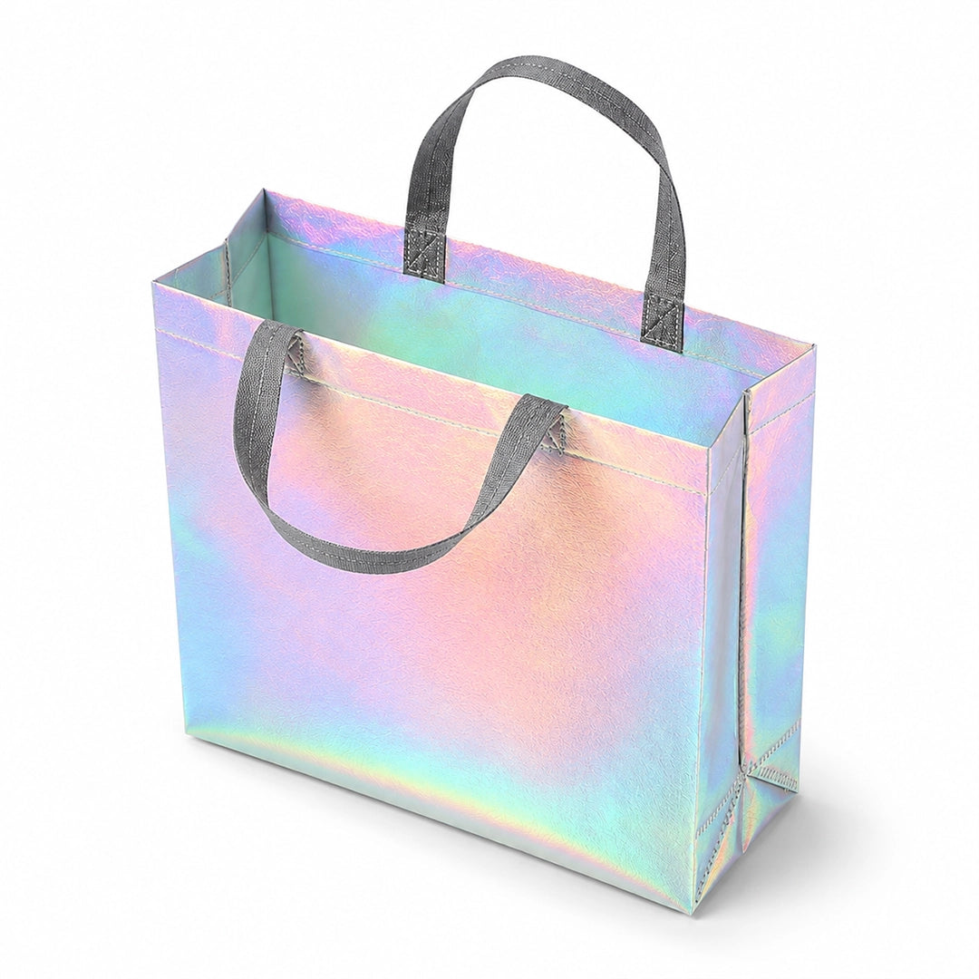 Holographic laminated non-woven tote bag side view