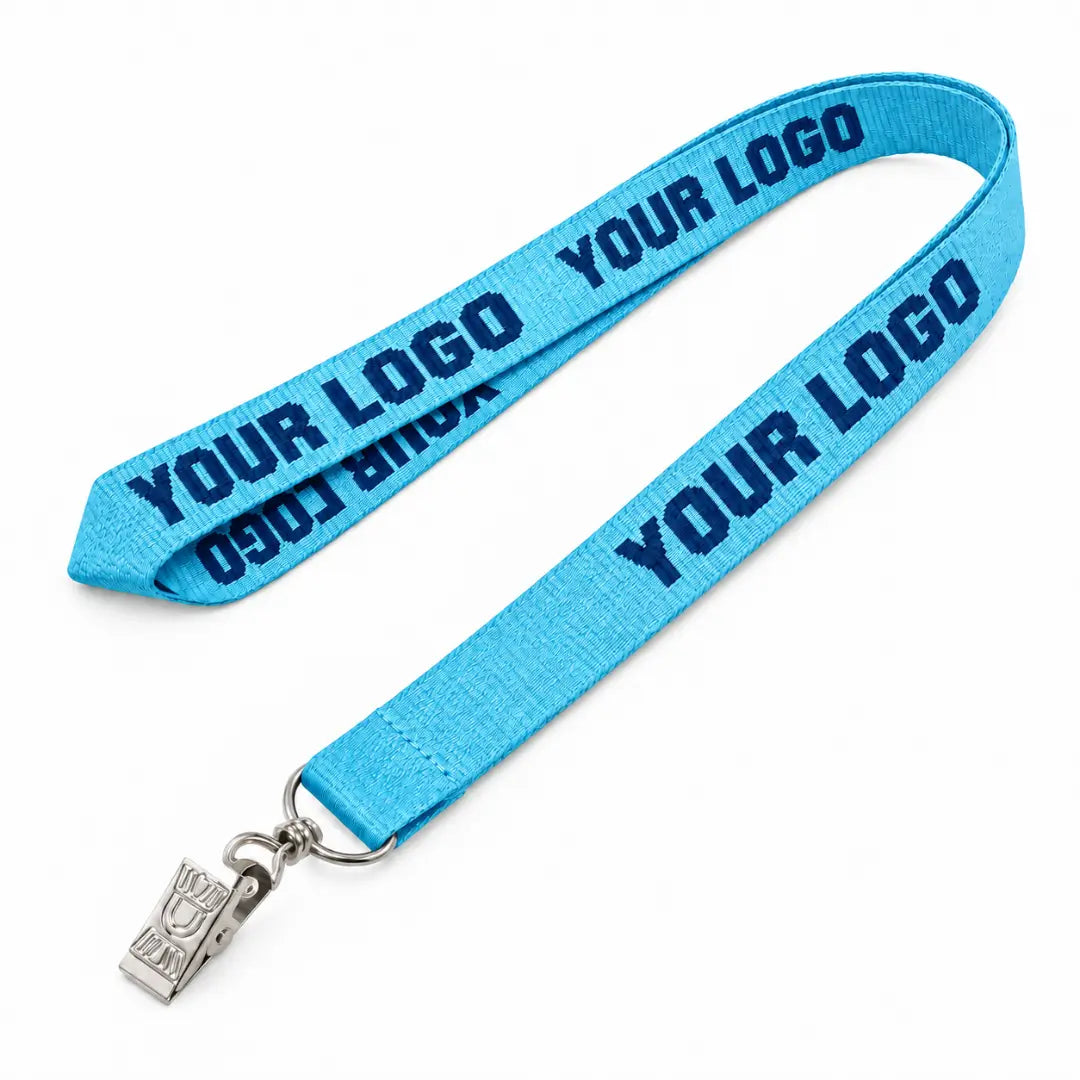 Light Blue custom woven lanyard with logo