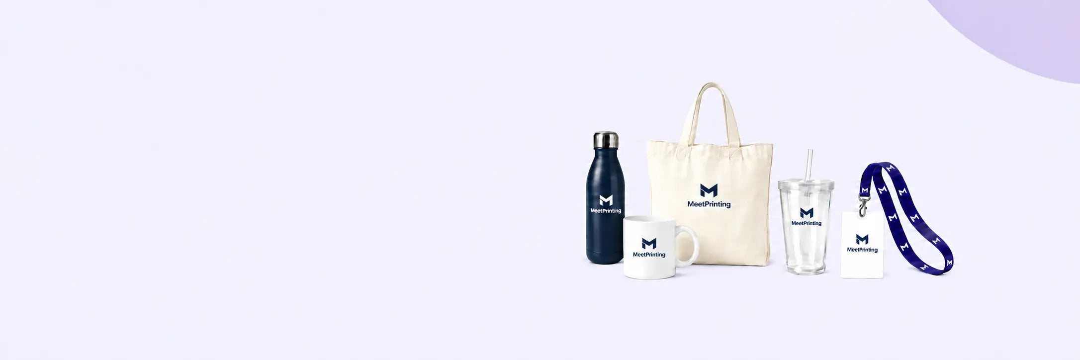 MeetPrinting branded drinkware, tote bag, and lanyard