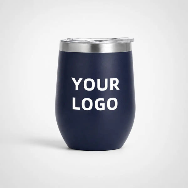 Navy blue insulated wine tumbler with custom logo