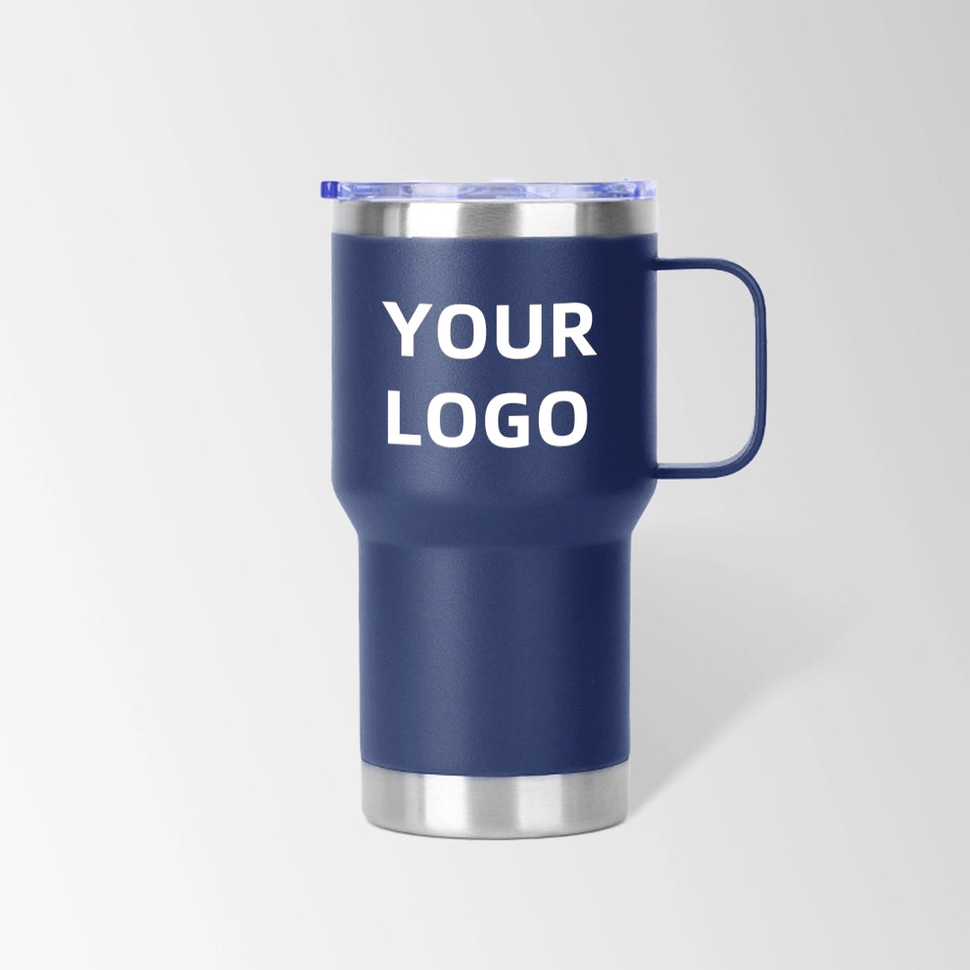 Navy blue travel tumbler with handle custom logo