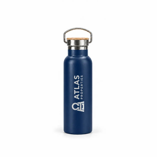 Navy stainless bottle, bamboo carry lid, laser engraved logo