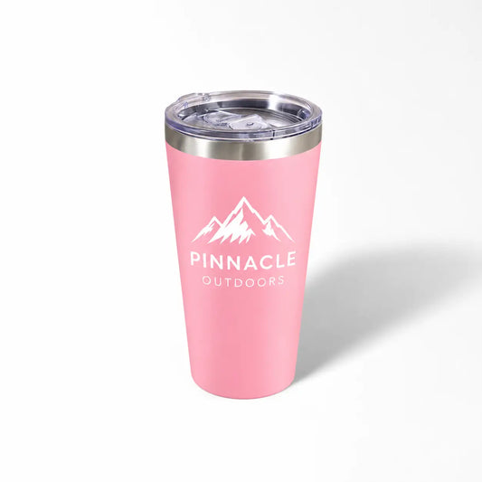Pink custom engraved stainless steel tumbler with mountain graphic and clear lid