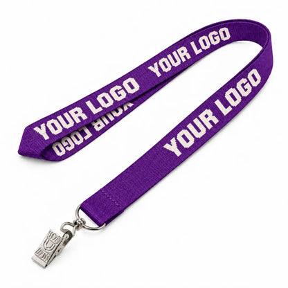 Purple custom woven lanyard with logo