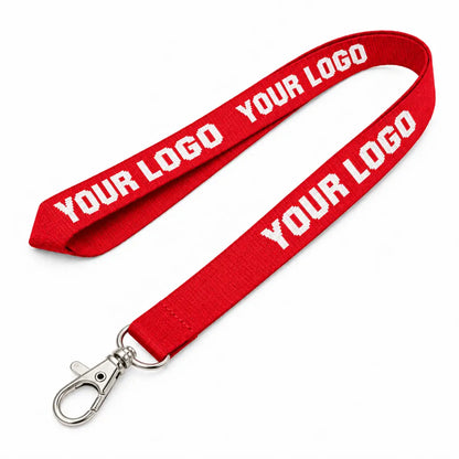 Red custom woven lanyard with logo