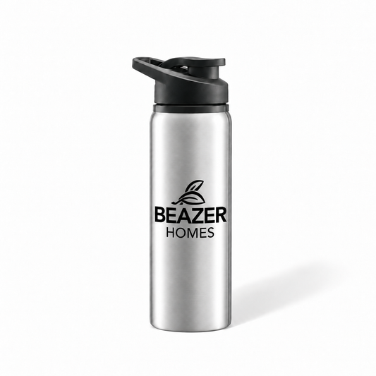 Silver aluminium water bottle with flip snap lid and custom logo