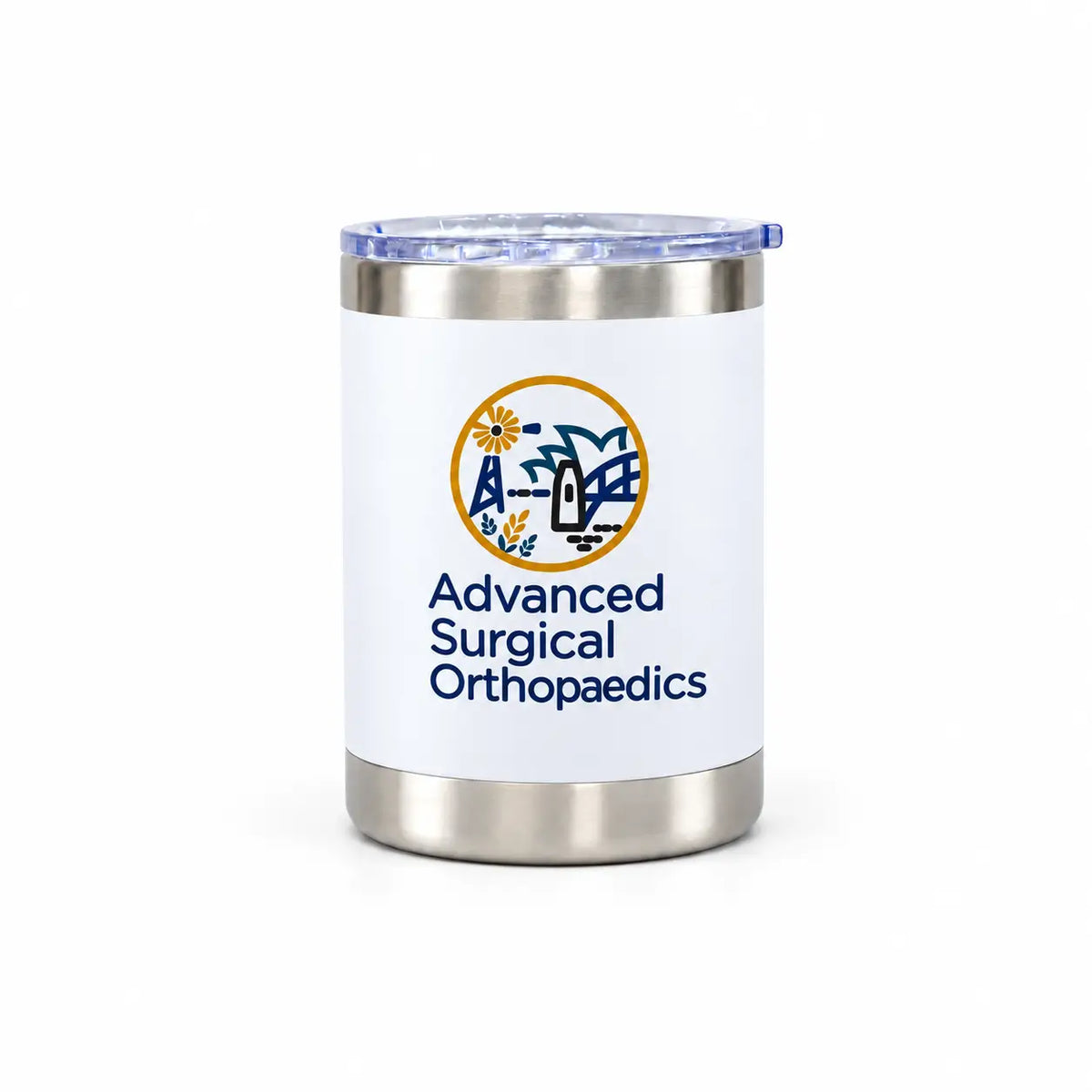 White 10oz insulated lowball tumbler with custom full color UV print logo