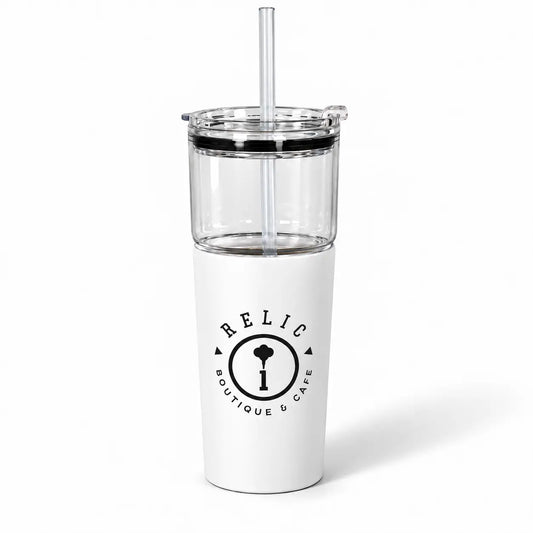White 2-in-1 detachable tumbler with custom printed Relic Boutique & Cafe logo, straw lid