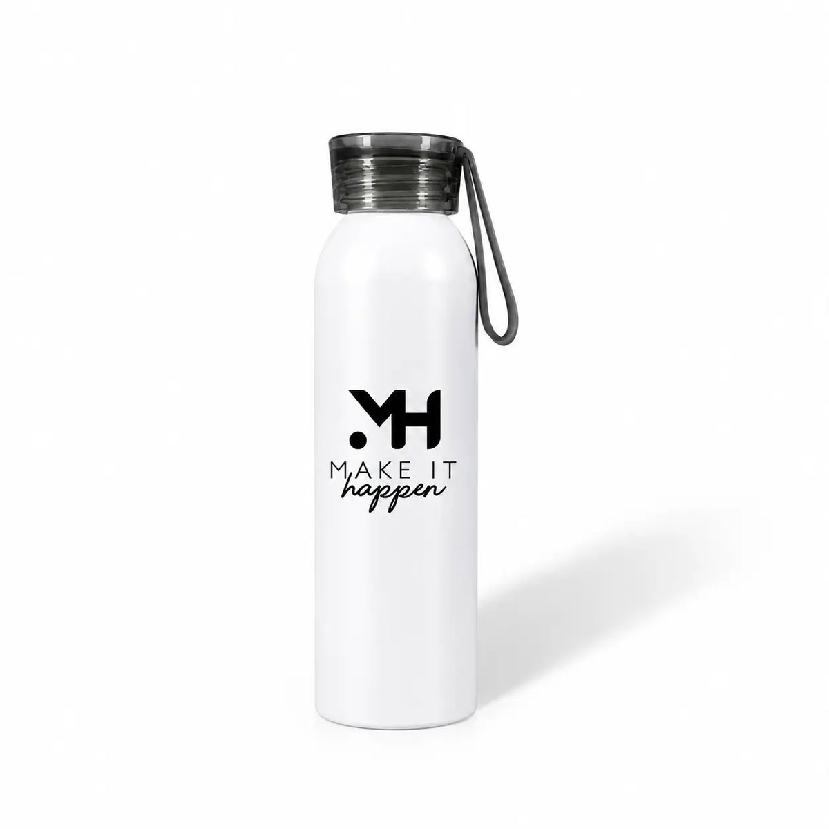 White aluminum water bottle with carry strap, custom printed logo