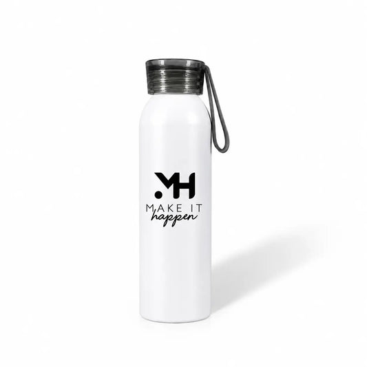 White aluminum water bottle with carry strap, custom printed logo