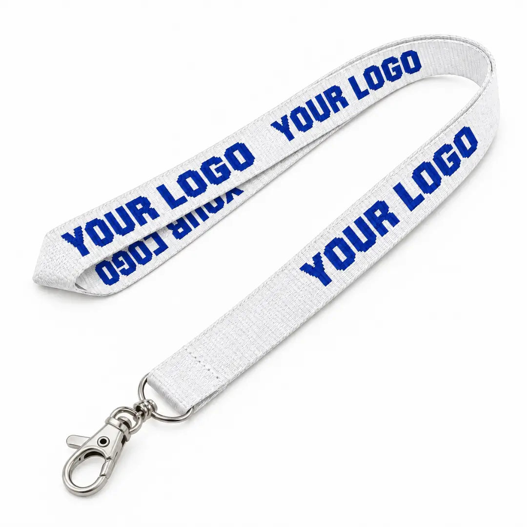 White custom woven lanyard with logo